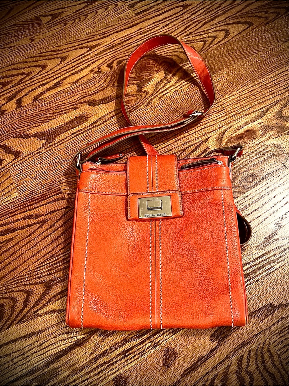 Tignanello Orange Pebbled Leather Crossbody with Front Turn-Lock